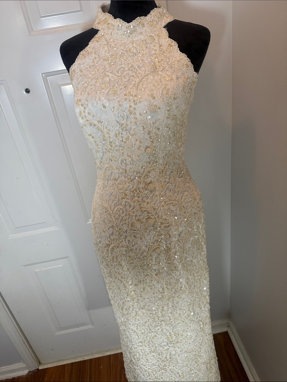 Ivory Beaded Lace Halter Evening Dress